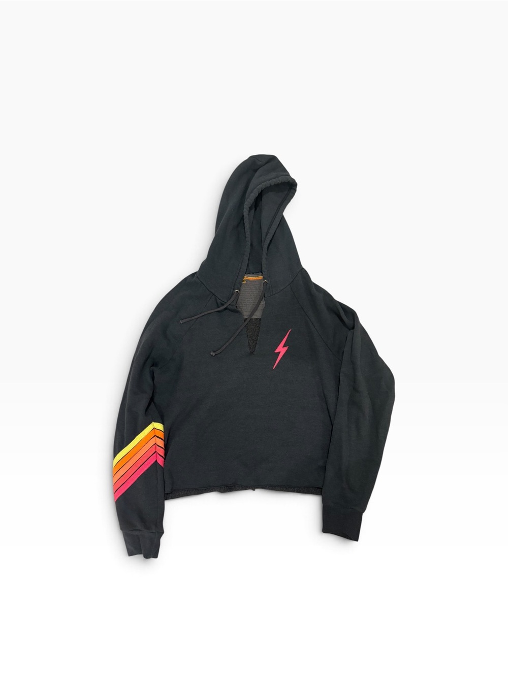 Aviator Nation Women’s L Black Cropped Hoodie- Pink Lightning & Rainbow Stripes